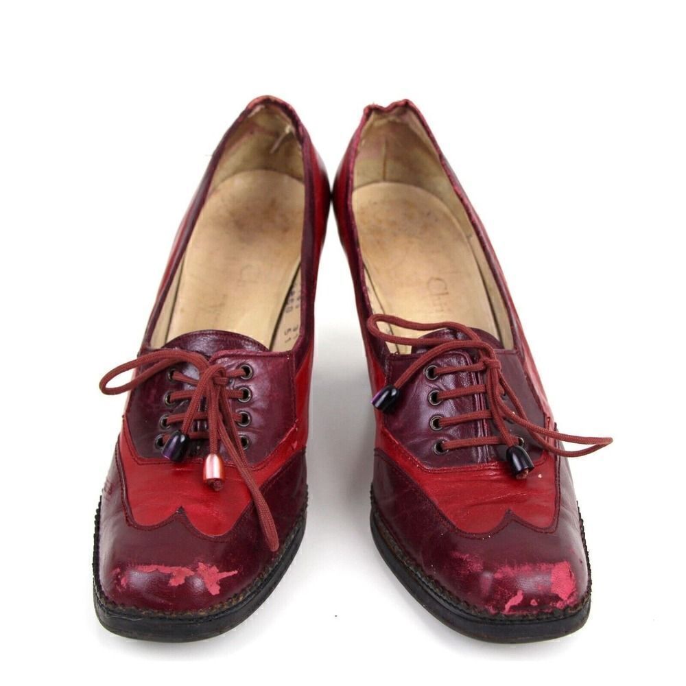 Christian Dior RED BURGUNDY GENUINE LEATHER MID HEEL ROUND TOE PUMP SHOES Size 9